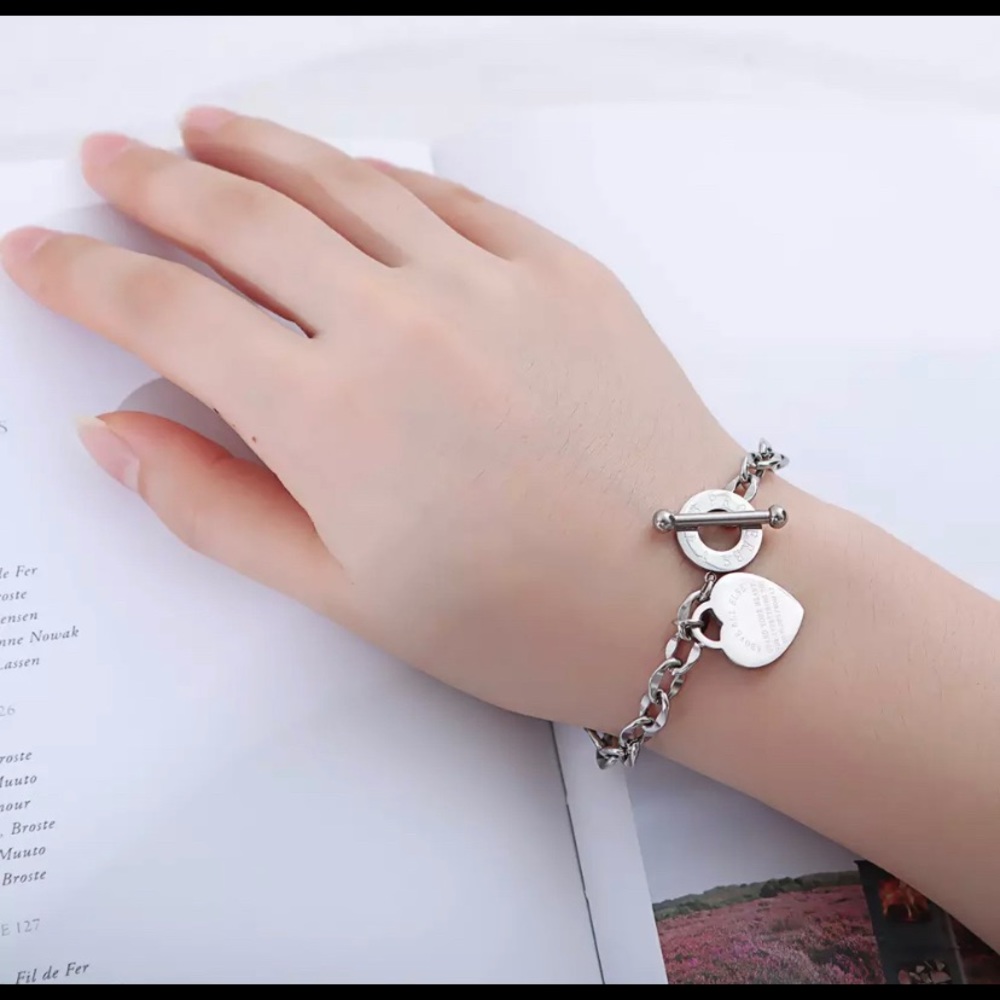 Stainless Steel Engraved Heart Charm Bracelet - Picture 2 of 3